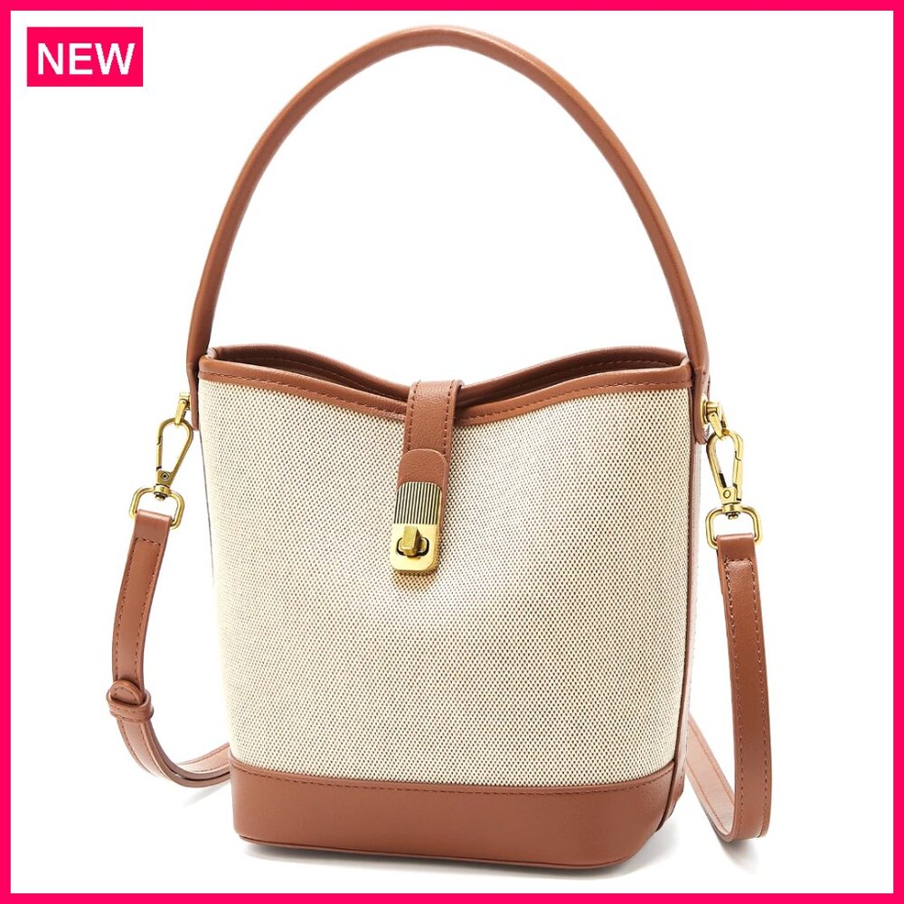 Coated Canvas Bucket Crossbody Bag With Top Handle Twist Lock Satchel Purse